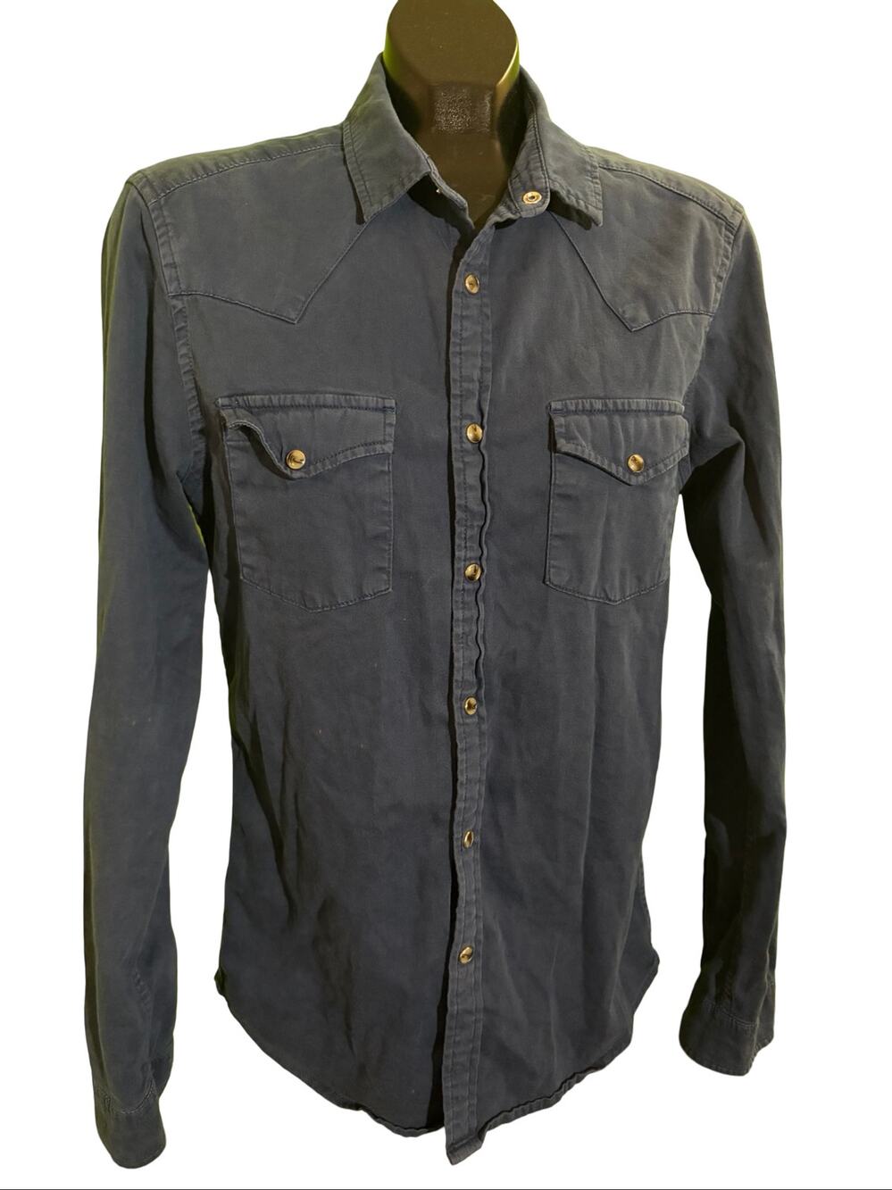 Primark Western Style Button Up Shirt Men's M Navy Blue Cotton Long Sleeve Slim